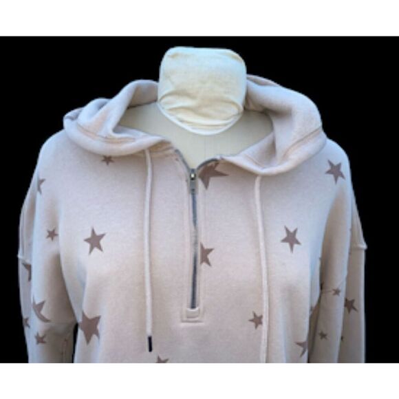 Hippie Rose Hoodie Star Kangaroo Pocket Drawstring Hood Quarter Zip Sz L Tan - Picture 7 of 14